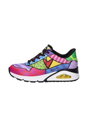 Colorful athletic sneaker with geometric patterns, black laces, white sole with yellow air cushion, and black interior lining.