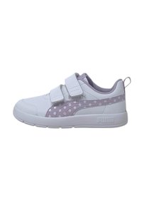 Scarpa sportiva bianca con accenti viola e pois, dotata di una soletta ammortizzata e due cinturini regolabili in velcro.