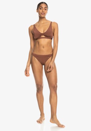 Brown two-piece bikini featuring a v-neck top with a center cutout and adjustable straps, paired with matching low-rise bottoms.