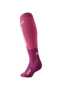 Calze compressive in tonalità di rosa, con bordo rigato, texture liscia e accenti bianchi. Logo stampato vicino alla caviglia.