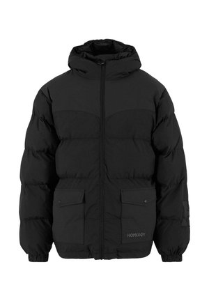 Black puffer jacket with a hood, featuring a zip closure, two front patch pockets, and elastic cuffs for snug fit. Logo on lower right.