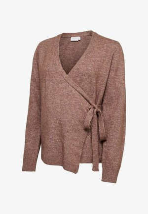 Brun strikket omslagsgenser med lange ermer og knyting i siden i mykt, teksturert stoff.