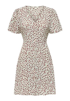 Robe blanche à manches courtes avec imprimé floral rouge, encolure en V, boutonnée sur le devant et taille cintrée.