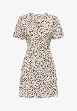 Vestido blanco de manga corta con estampado floral rojo, escote en V, cierre de botones en la parte delantera y cintura ajustada.