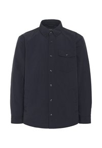 Camisa de botón azul marino oscuro con cuello, mangas largas, un bolsillo en el pecho y botones a presión plateados, con un acabado suave y un corte clásico.