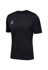 Zwarte t-shirt met korte mouwen, gemaakt van glad materiaal, met een ronde hals, een getailleerde pasvorm en een wit logo op de bovenste linkerkant.