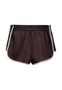 Shorts en satin marron avec une texture lisse, dotés de bandes latérales blanches et d'une taille élastique, conçus pour le confort et la liberté de mouvement.