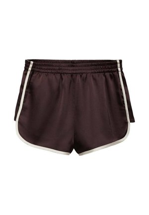 Pantalones cortos de satén marrón con una textura suave, presentan franjas laterales blancas y una cintura elástica, diseñados para la comodidad y facilidad de movimiento.