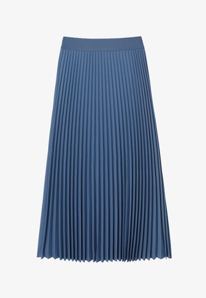 Skladaná midi sukňa vyrobená z mäkkej látky v tlmenej modrej farbe. Má jemne rozmiestnené vertikálne záhyby a hladký pás.