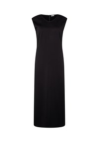 Robe sans manches noire en tissu lisse, avec une coupe droite, une fermeture éclair au dos et un design simple et minimaliste.