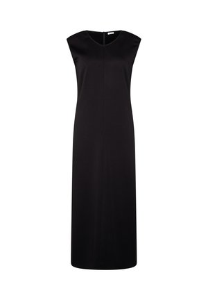 Abito nero senza maniche realizzato in tessuto liscio, caratterizzato da un taglio dritto, cerniera posteriore e un design semplice e minimalista.