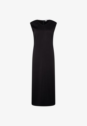 Abito nero senza maniche realizzato in tessuto liscio, caratterizzato da un taglio dritto, cerniera posteriore e un design semplice e minimalista.