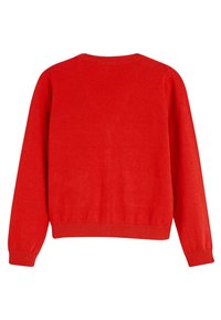 Maglione rosso lavorato a maglia con maniche lunghe, scollatura rotonda e fondo a costine. Texture liscia senza modelli o dettagli visibili sul retro.