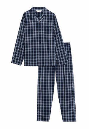 Conjunto de pijama a cuadros en azul marino que incluye una camisa de botón de manga larga con bolsillo y pantalones a juego con cintura elástica. Tejido de algodón.