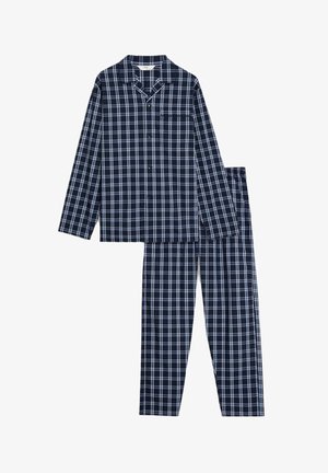 Granatowy zestaw piżamowy w kratę, zawierający koszulę z długim rękawem na guziki z kieszonką oraz dopasowane spodnie z elastycznym pasem. Wykonany z bawełnianej tkaniny.