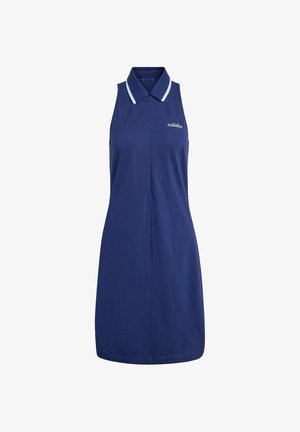 Abito polo smanicato di colore blu navy con chiusura a bottoni, colletto blu chiaro a contrasto e logo ricamato sul petto, realizzato in cotone morbido.