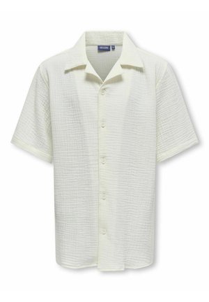 Krátky rukáv, krémovo biela textúrovaná košeľa na gombíky s límcom typu camp, vyrobená z ľahkej tkaniny.