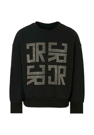 Sweatshirt noir avec un col rond et des manches longues, orné de lettres cloutées argentées sur le devant. Tissu lisse avec des poignets côtelés.