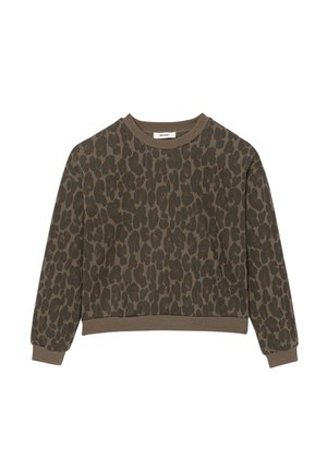 Sweat-shirt à manches longues vert olive avec un motif léopard marron foncé et des poignets, un col et un ourlet côtelés.