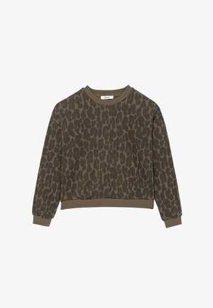 Sweat-shirt à manches longues vert olive avec un motif léopard marron foncé et des poignets, un col et un ourlet côtelés.