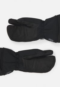 Schwarze Handschuhe mit einer Lederinnenseite und einem weichen Außenmaterial. Verfügen über ein Bündchen-Design mit elastischem Abschluss für einen sicheren Halt.