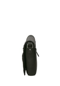 Borsa a tracolla in pelle nera con profilo sottile, caratterizzata da una texture liscia, una tracolla regolabile e hardware in tonalità argento.