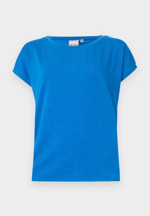 Blaues T-Shirt mit kurzen Ärmeln aus weichem Stoff und lässiger Passform. Rundhalsausschnitt und subtile Textur mit leichten Sprenkeln.