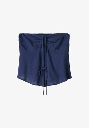 Námořnická modrá top bez ramínek s nařaseným předním dílem a detaily na stahování. Obsahuje dvě přední kapsy a jemnou texturovanou látku.