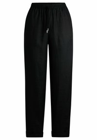 Czarne lekkie spodnie z elastycznym pasem i regulowanym sznurkiem. Prosty krój, z dwoma bocznymi kieszeniami i podwiniętymi mankietami.