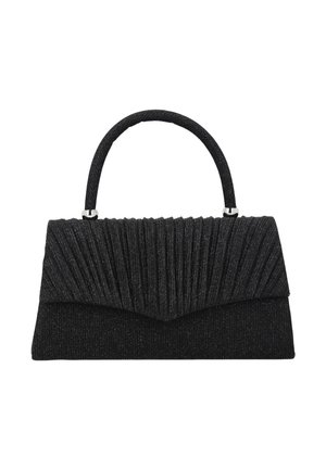 Geantă de mână neagră cu textură, cu clapetă pliată și mâner scurt rotunjit, concepută pentru a fi purtată în mână.