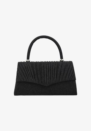 Musta, teksturoitu clutch-laukku, jossa laskostettu läppä ja lyhyt pyöreä kahva, suunniteltu käsilaukuksi.