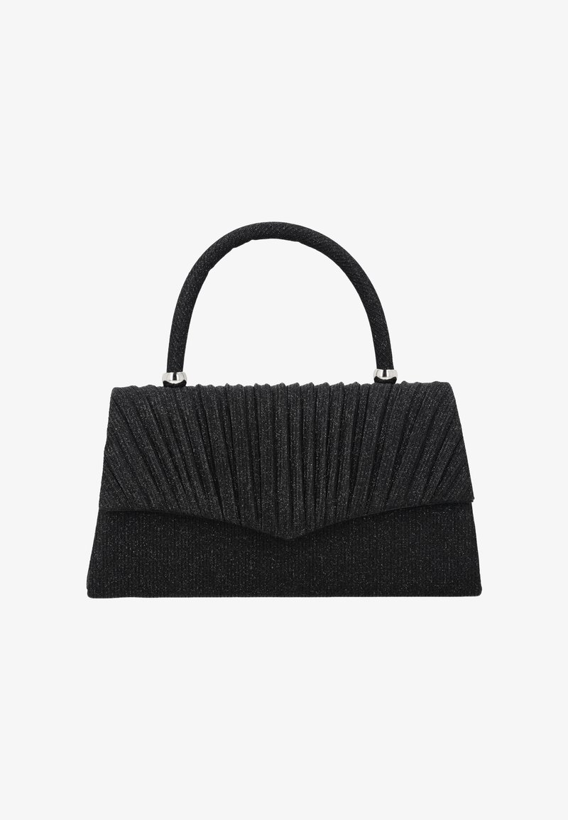 Černá texturovaná kabelka psaníčko s řasenou klopou a krátkým zaobleným držadlem, navržená pro nošení v ruce.
