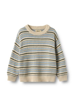 Beżowy sweter z dzianiny z poziomymi paskami w kolorze niebieskim i zielonym, z prążkowanymi mankietami, rantem i dekoltem.