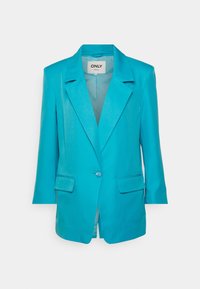 Tyrkysový blazer vyrobený z hladkého materiálu, s jedním knoflíkem, klopovými límci a dvěma předními kapsami.