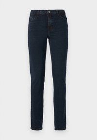 Sötétkék farmernadrág, slim fit fazonú, gombos záródással, övhurkokkal és hagyományos öt zsebes kivitelben. Sima textúra.
