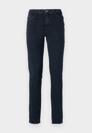 Donkerblauwe denim jeans met een slim fit, voorzien van een knoopsluiting, riemlussen en een traditionele vijf-pocketontwerp. Smooth textuur.