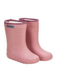 Bottes de pluie en caoutchouc rose avec une doublure douce blanche, des bords ronds et une semelle texturée. Présente un petit logo gris sur le côté extérieur.