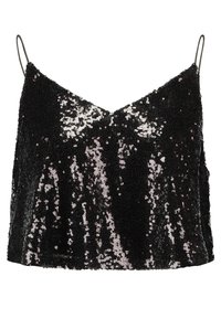 Black sequin cami top with adjustable spaghetti straps, featuring a V-neckline and a textured, shimmering surface.