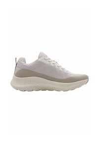 Chaussure de sport légère avec une tige en maille respirante, de couleur gris pâle, accents texturés et une semelle rembourrée pour le confort.