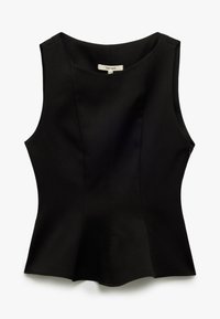 Zwarte mouwloze top met een strakke pasvorm, voorzien van een ronde halslijn en naaddetails. Gemaakt van een gladde stof met een subtiele glans.
