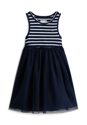 Αμάνικο navy μπλε φόρεμα με λευκές οριζόντιες ρίγες στο πάνω μέρος και μονόχρωμη navy φούστα από τούλι, με μικρό λογότυπο στο στήθος.