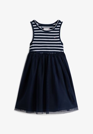 Tamnoplava haljina bez rukava s bijelim horizontalnim prugama na gornjem dijelu i jednobojnom tamnoplavom suknjom od tila, mali logo na prsima.