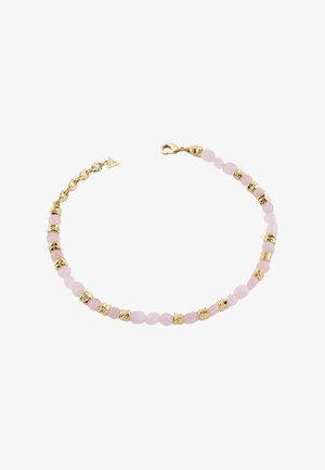 Delicaat armbandje met afwisselend kleine roze kralen en gouden getextureerde tussenstukjes, gouden karabijnsluiting en korte verstelbare ketting.