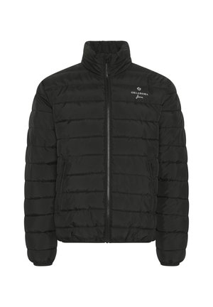 Schwarze Daunenjacke mit hohem Kragen, horizontal gestepptem Muster, seitlichen Reißverschlusstaschen und kleinem Logo auf der Brust.