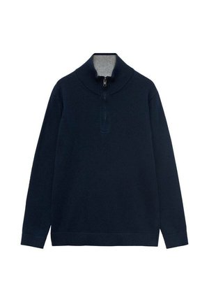 Pull en maille bleu marine avec col montant, doté d'une fermeture zippée 1/2 et d'une doublure intérieure grise.