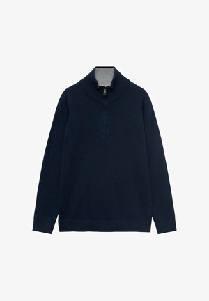 Pulover navy dintr-o țesătură tricotată, cu guler înalt, dotat cu un sistem de închidere cu jumătate de fermoar și un căptușel interior de culoare gri.
