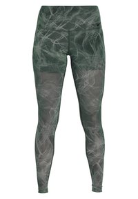 Ciemnozielone legginsy sportowe z teksturowanym, abstrakcyjnym wzorem. Wysoki pas i dopasowany krój sięgający do kostek.