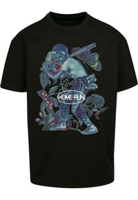 Black short-sleeve T-shirt featuring a blue-skinned boy with a baseball bat, surrounded by green foliage and the text "HOME RUN" in white.