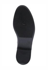 Schwarze Gummisohle mit strukturierten Rillen für Traktion und einer glatten Kante. Mit kleinem Logo und Größenangabe.