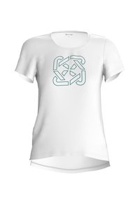 White short-sleeve t-shirt featuring a teal geometric logo design at the center. Smooth fabric with a rounded neckline and curved hem.